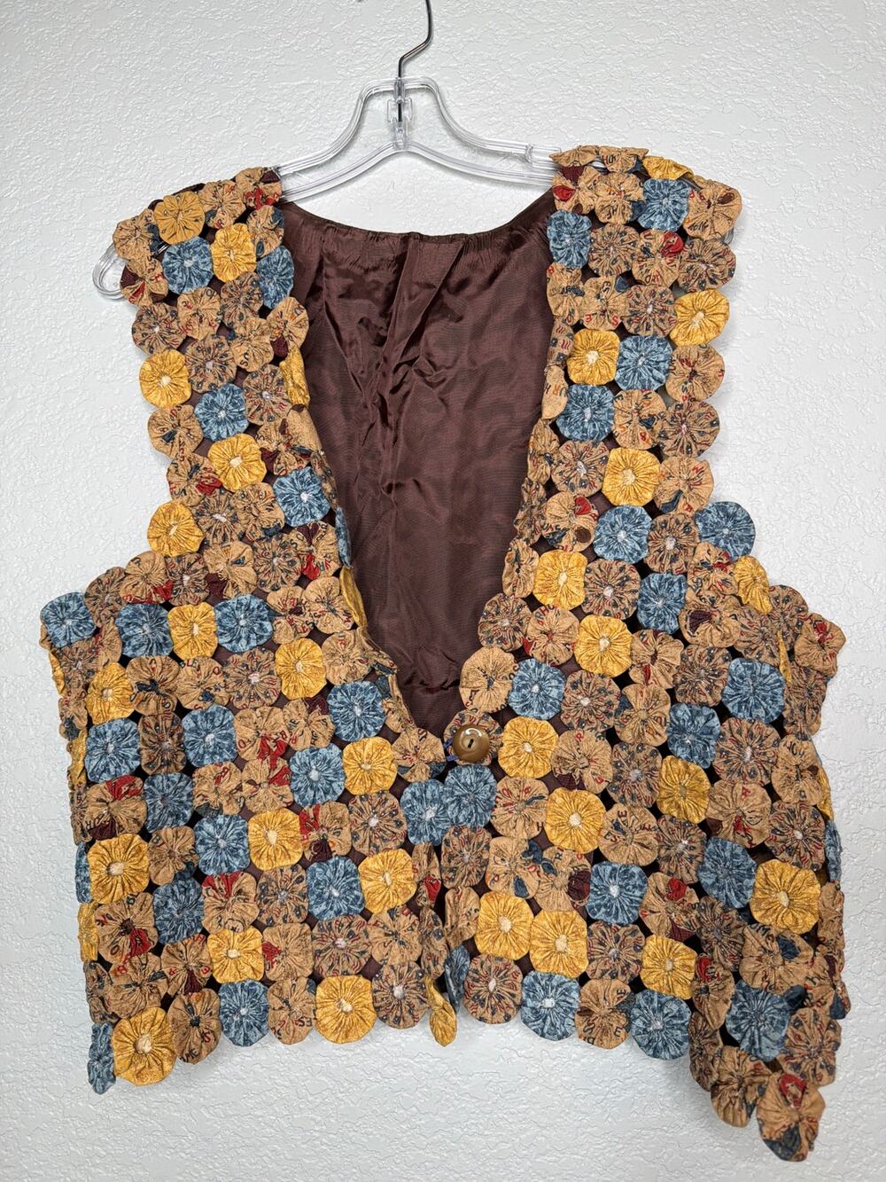 Handmade Yo-Yo Quilt Vest Multicolor Patchwork One Button Satin Back Adj Tie